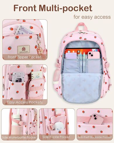Laptop School Backpack for Teen Girls Women 15.6 Inch Cute College Backpacks Large Elementary Middle High School Bag Kids Student Strawberry Bookbag Anti Theft Travel Casual Daypack (Pink-Strawberry) in Saudi Arabia
