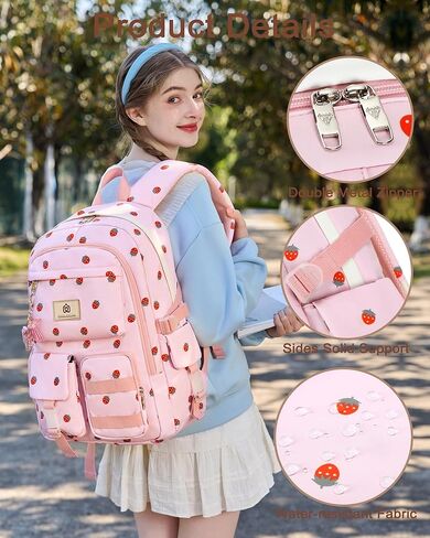Laptop School Backpack for Teen Girls Women 15.6 Inch Cute College Backpacks Large Elementary Middle High School Bag Kids Student Strawberry Bookbag Anti Theft Travel Casual Daypack (Pink-Strawberry) in Saudi Arabia