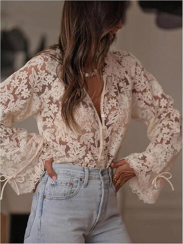 MakeMeChic Women's Floral Sheer Blouse Ruffle V Neck Button Down Bell Sleeve Dressy Tops in Saudi Arabia