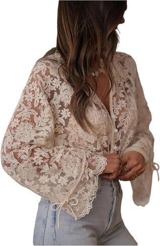 MakeMeChic Women's Floral Sheer Blouse Ruffle V Neck Button Down Bell Sleeve Dressy Tops in Saudi Arabia