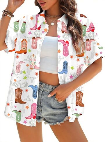 Western Button Up Shirts Women: Retro Cowgirl Outfits Rodeo Tops Hawaiian Summer Vacation Short Sleeve Top Blouses in Saudi Arabia
