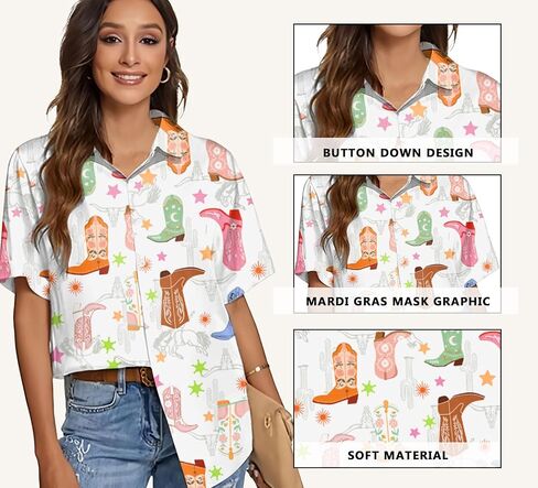 Western Button Up Shirts Women: Retro Cowgirl Outfits Rodeo Tops Hawaiian Summer Vacation Short Sleeve Top Blouses in Saudi Arabia