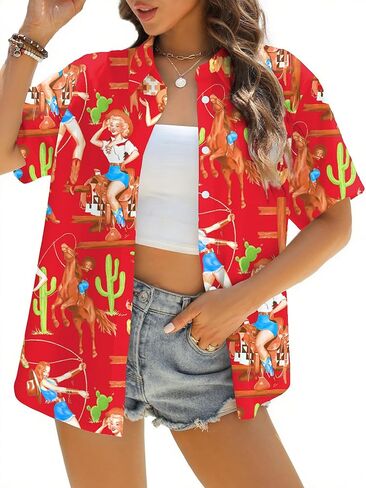Western Button Up Shirts Women: Retro Cowgirl Outfits Rodeo Tops Hawaiian Summer Vacation Short Sleeve Top Blouses in Saudi Arabia