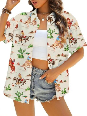 Western Button Up Shirts Women: Retro Cowgirl Outfits Rodeo Tops Hawaiian Summer Vacation Short Sleeve Top Blouses in Saudi Arabia