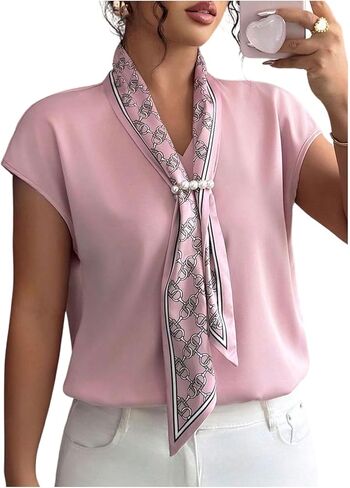 Verdusa Women's Satin Scarf Top Cap Sleeve Dressy Blouses Elegant Business Casual Outfits in Saudi Arabia