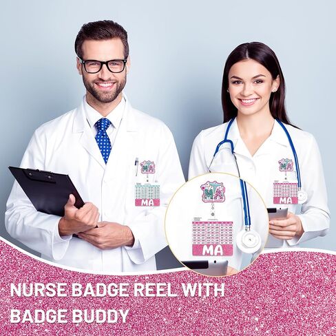بكرة شارة MA قابلة للسحب مع الأصدقاء - بكرة شارة المساعد الطبي، شارة هوية الممرضة الوردية اللامعة مع مشبك التمساح، ملحقات مخططات تحويل العمل لهدايا التمريض MA in Kuwait