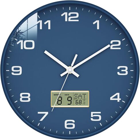 12 Inch Wall Clock, Silent Non-Ticking Analog with LCD Display, Battery Operated, Perpetual Calendar, Date, Weekday & Temperature (°C/°F), Tempered Glass for Living Room, Bedroom, Kitchen, Office in Kuwait