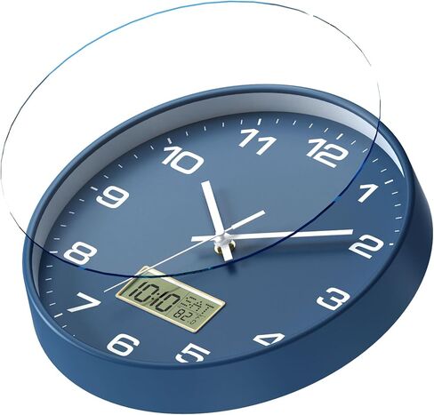12 Inch Wall Clock, Silent Non-Ticking Analog with LCD Display, Battery Operated, Perpetual Calendar, Date, Weekday & Temperature (°C/°F), Tempered Glass for Living Room, Bedroom, Kitchen, Office in Kuwait