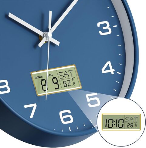 12 Inch Wall Clock, Silent Non-Ticking Analog with LCD Display, Battery Operated, Perpetual Calendar, Date, Weekday & Temperature (°C/°F), Tempered Glass for Living Room, Bedroom, Kitchen, Office in Kuwait