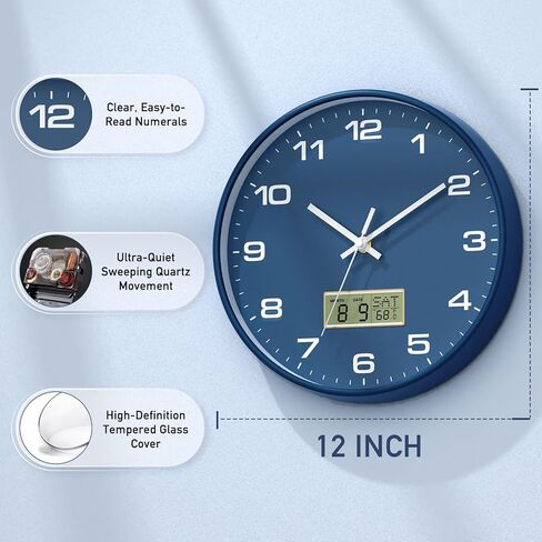 12 Inch Wall Clock, Silent Non-Ticking Analog with LCD Display, Battery Operated, Perpetual Calendar, Date, Weekday & Temperature (°C/°F), Tempered Glass for Living Room, Bedroom, Kitchen, Office in Kuwait