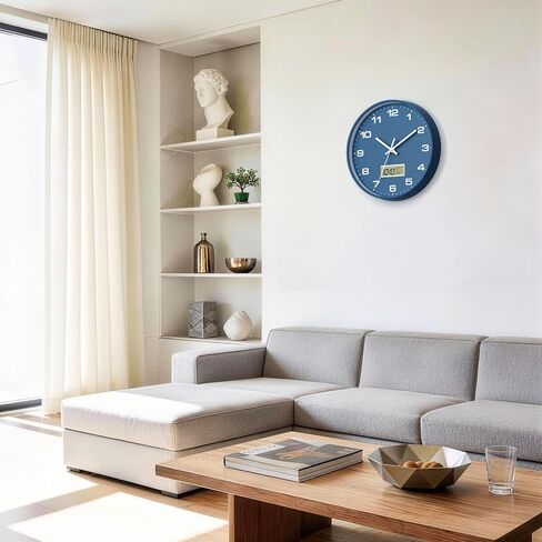 12 Inch Wall Clock, Silent Non-Ticking Analog with LCD Display, Battery Operated, Perpetual Calendar, Date, Weekday & Temperature (°C/°F), Tempered Glass for Living Room, Bedroom, Kitchen, Office in Kuwait