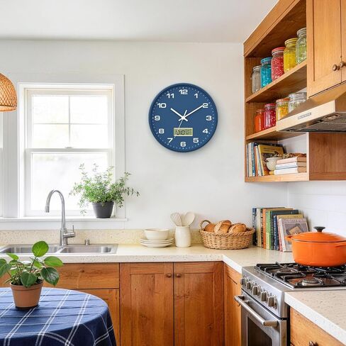 12 Inch Wall Clock, Silent Non-Ticking Analog with LCD Display, Battery Operated, Perpetual Calendar, Date, Weekday & Temperature (°C/°F), Tempered Glass for Living Room, Bedroom, Kitchen, Office in Kuwait