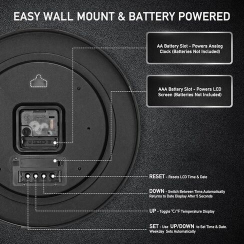 12 Inch Wall Clock, Silent Non-Ticking Analog with LCD Display, Battery Operated, Perpetual Calendar, Date, Weekday & Temperature (°C/°F), Tempered Glass for Living Room, Bedroom, Kitchen, Office in Kuwait