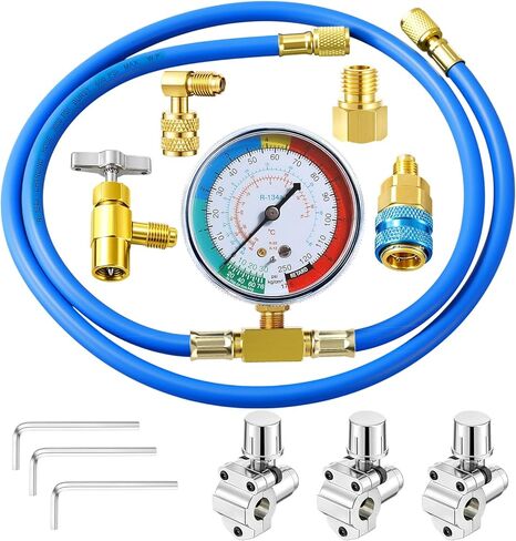Mudder R134a AC Refrigerant Recharging Hose Kit with Gauge Bullet Piercing Valve R12 R22 Can Tap Valves Female Puncture Type Can Tap Self-Sealing Adapter Quick Coupler (Right Angle 410 Adapter) in Saudi Arabia