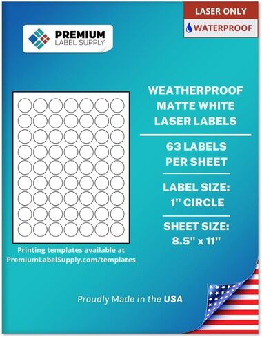 Premium Label Supply Waterproof Matte White Sticker Round Labels – 1" Circle – Laser Printers Only – (63 per Sheet), 10 Sheets - 630 Total Adhesive Labels in Saudi Arabia