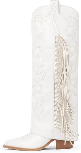 Women's Knee High Cowboy Boots Cowgirl Fold Over Fringe Boots for Women Western Embroidery Pointy Toe Chunky Block High Heel with Half Zipper for Country Music Festivals Rodeo in Kuwait