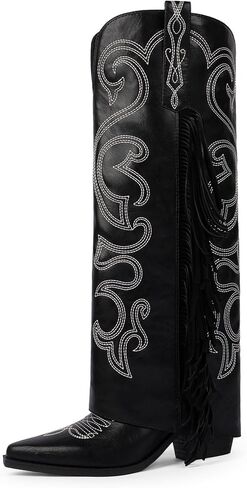 Women's Knee High Cowboy Boots Cowgirl Fold Over Fringe Boots for Women Western Embroidery Pointy Toe Chunky Block High Heel with Half Zipper for Country Music Festivals Rodeo in Saudi Arabia