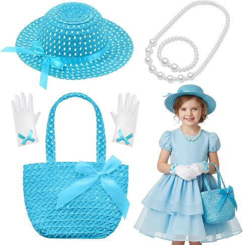 Tradder Tea Party Hat Set 5pcs Straw Hat Gloves Pearl Necklace Bracelet Handbag for Easter Church Princess Dresses Outfit in Saudi Arabia