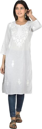 Vrnda Women's White Cotton Kurti – Hand-Embroidered Lucknowi Chikankari, Straight Fit, Knee-Length Pakistani Style Kurta | Design 1 – small in Saudi Arabia