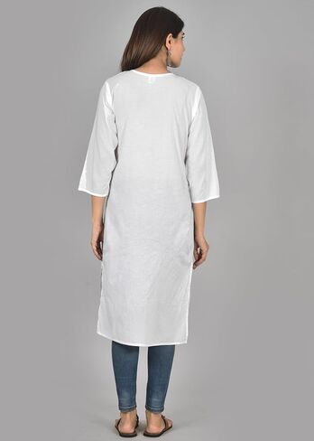Vrnda Women's White Cotton Kurti – Hand-Embroidered Lucknowi Chikankari, Straight Fit, Knee-Length Pakistani Style Kurta | Design 1 – small in Saudi Arabia
