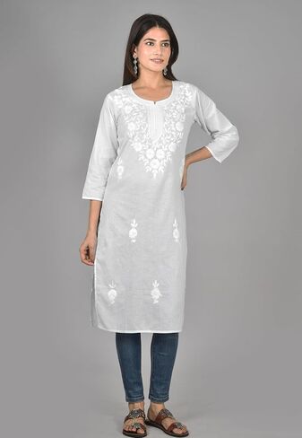 Vrnda Women's White Cotton Kurti – Hand-Embroidered Lucknowi Chikankari, Straight Fit, Knee-Length Pakistani Style Kurta | Design 1 – small in Saudi Arabia