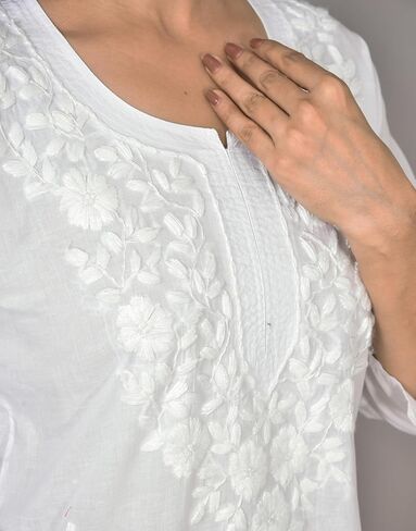 Vrnda Women's White Cotton Kurti – Hand-Embroidered Lucknowi Chikankari, Straight Fit, Knee-Length Pakistani Style Kurta | Design 1 – small in Saudi Arabia
