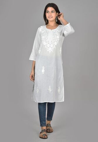 Vrnda Women's White Cotton Kurti – Hand-Embroidered Lucknowi Chikankari, Straight Fit, Knee-Length Pakistani Style Kurta | Design 1 – small in Saudi Arabia