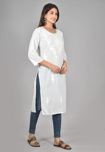 Vrnda Women's White Cotton Kurti – Hand-Embroidered Lucknowi Chikankari, Straight Fit, Knee-Length Pakistani Style Kurta | Design 1 – small in Saudi Arabia
