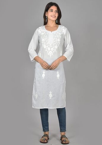 Vrnda Women's White Cotton Kurti – Hand-Embroidered Lucknowi Chikankari, Straight Fit, Knee-Length Pakistani Style Kurta | Design 1 – small in Saudi Arabia