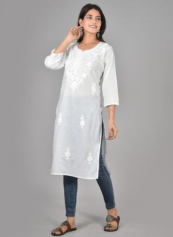 Vrnda Women's White Cotton Kurti – Hand-Embroidered Lucknowi Chikankari, Straight Fit, Knee-Length Pakistani Style Kurta | Design 1 – small in Saudi Arabia