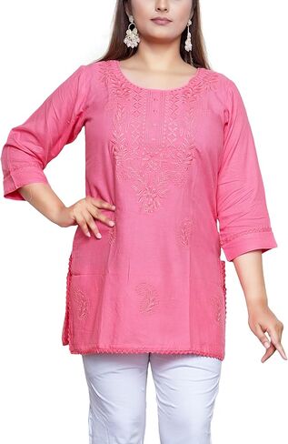 ladyline Women's Rayon Embroidered Tunic Top – Boho Chic Round Neck Blouse with Crochet Lace Hem – 3/4 Sleeve Casual Wear in Saudi Arabia