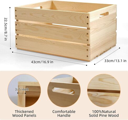 3 عبوات من الصناديق الخشبية الكبيرة بمقابض، صناديق خشب الصنوبر الصلب الطبيعي للتخزين والديكور، قفص حليب خشبي للمزرعة، صندوق تخزين سجل الفينيل in Kuwait