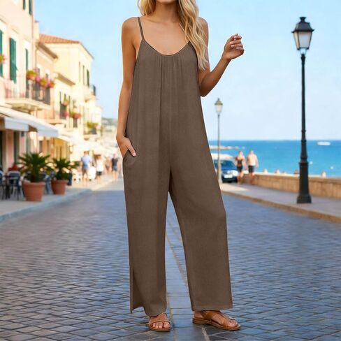 Linen Jumpsuits for Women 2026 Summer Casual Sleeveless Wide Leg One Piece Boho Romper Beach Vacation Outfits in Saudi Arabia