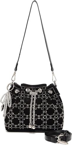 حقيبة دلو برباط منقوشة ومزينة بالكريستال الأسود مع حقيبة يد مسائية بحزام كتف قابل للتعديل in Kuwait