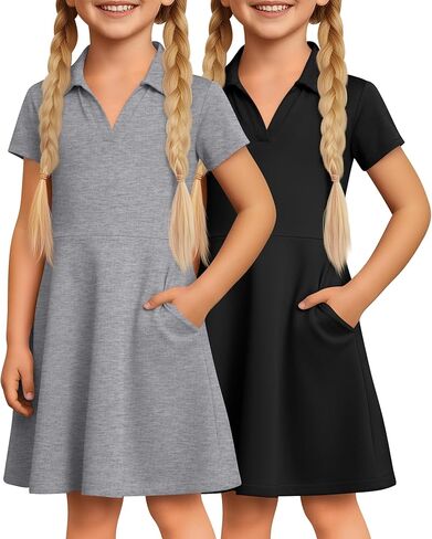 2 Pack Girl's Short Sleeve Dress Casual Uniform Dress Summer A-line Collared V Neck Twirl Cute Skater with Pockts in Saudi Arabia