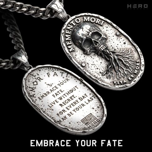 قلادة من الفولاذ المقاوم للصدأ للرجال من شركة Hero Company - قلادة قلادة "Memento Mori Vita Et Mors" - تساعد على إقران المحاربين القدامى مع كلب الخدمة أو كلب المأوى in Kuwait