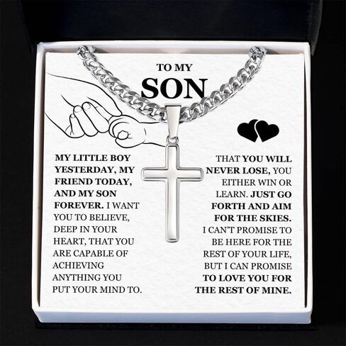إلى ابني - سلسلة كوبية مع قلادة متقاطعة، مجوهرات عاطفية من الأم، تذكار عيد ميلاد مدروس للتخرج في عيد الميلاد للابن، بطاقة رسالة مجوهرات ملهمة in Kuwait