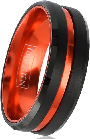 Engraved Personalized 6mm/8mm Brushed Finish Black Tungsten Carbide Band Ring w/Metallic Orange Stripe & Matching Anodized Aluminum Inner Band. in Saudi Arabia