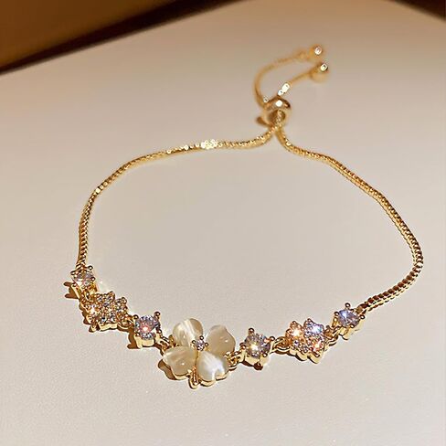 Adjustable Gold Floral Bracelet for Women - Dainty Gold Flower Bracelet, Cute Floral Jewelry for Party, Daily Commute & Vacation in Kuwait