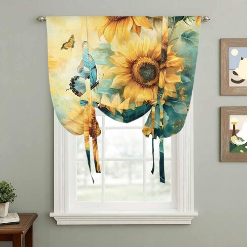 Sunflower Butterfly Tie Up Curtains for Window, Retro Green Yellow Pastoral Floral Thermal Insulated Balloon Shade Adjustable Rod Pocket Curtains Valance Panels for Kitchen Bathroom Café 34'' x 45'' in Saudi Arabia