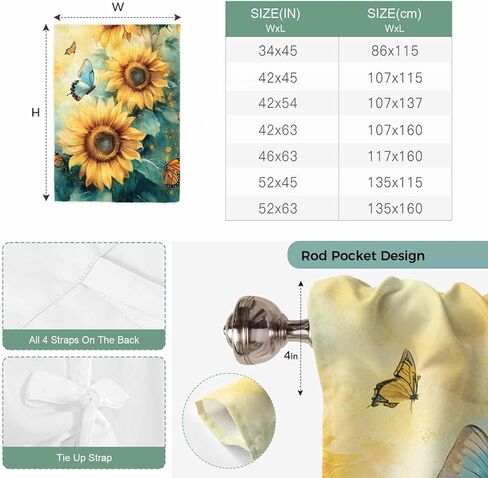 Sunflower Butterfly Tie Up Curtains for Window, Retro Green Yellow Pastoral Floral Thermal Insulated Balloon Shade Adjustable Rod Pocket Curtains Valance Panels for Kitchen Bathroom Café 34'' x 45'' in Saudi Arabia