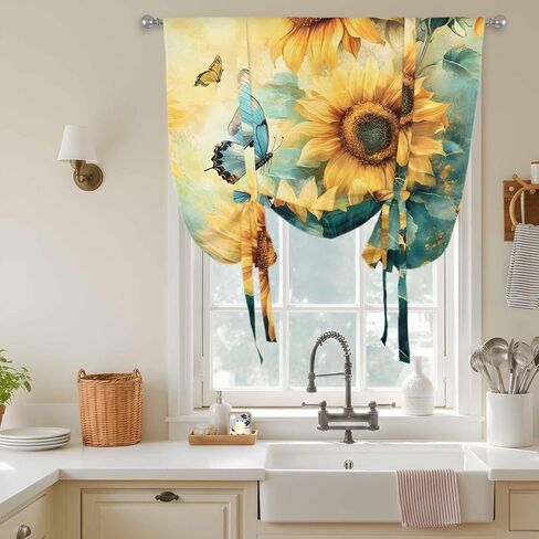 Sunflower Butterfly Tie Up Curtains for Window, Retro Green Yellow Pastoral Floral Thermal Insulated Balloon Shade Adjustable Rod Pocket Curtains Valance Panels for Kitchen Bathroom Café 34'' x 45'' in Saudi Arabia