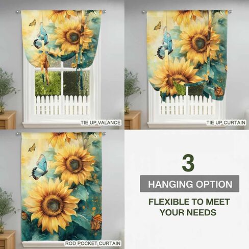 Sunflower Butterfly Tie Up Curtains for Window, Retro Green Yellow Pastoral Floral Thermal Insulated Balloon Shade Adjustable Rod Pocket Curtains Valance Panels for Kitchen Bathroom Café 34'' x 45'' in Saudi Arabia