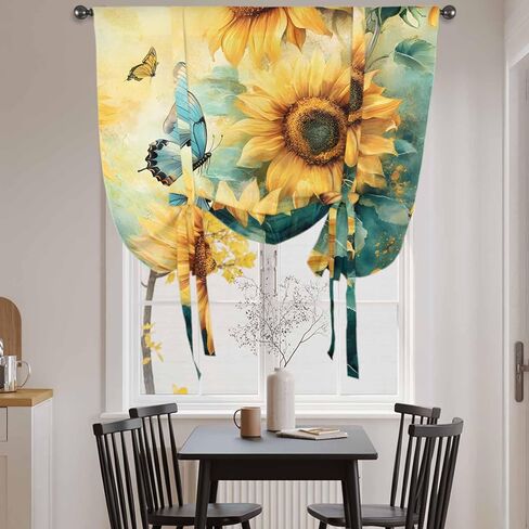 Sunflower Butterfly Tie Up Curtains for Window, Retro Green Yellow Pastoral Floral Thermal Insulated Balloon Shade Adjustable Rod Pocket Curtains Valance Panels for Kitchen Bathroom Café 34'' x 45'' in Saudi Arabia