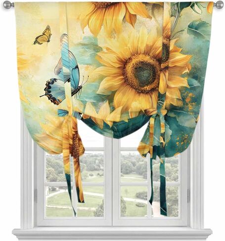 Sunflower Butterfly Tie Up Curtains for Window, Retro Green Yellow Pastoral Floral Thermal Insulated Balloon Shade Adjustable Rod Pocket Curtains Valance Panels for Kitchen Bathroom Café 34'' x 45'' in Saudi Arabia