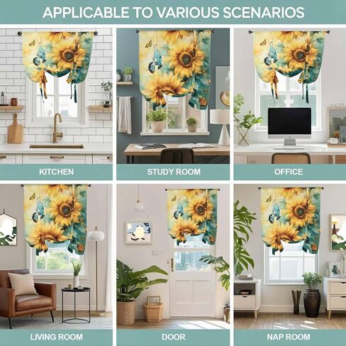 Sunflower Butterfly Tie Up Curtains for Window, Retro Green Yellow Pastoral Floral Thermal Insulated Balloon Shade Adjustable Rod Pocket Curtains Valance Panels for Kitchen Bathroom Café 34'' x 45'' in Saudi Arabia