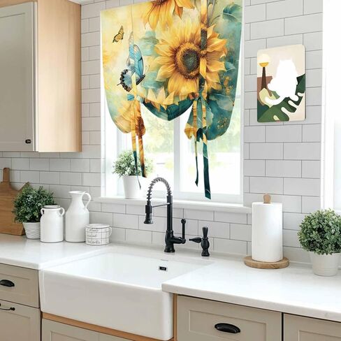 Sunflower Butterfly Tie Up Curtains for Window, Retro Green Yellow Pastoral Floral Thermal Insulated Balloon Shade Adjustable Rod Pocket Curtains Valance Panels for Kitchen Bathroom Café 34'' x 45'' in Saudi Arabia