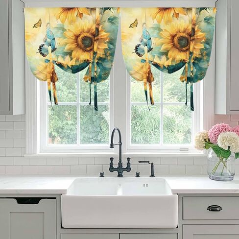 Sunflower Butterfly Tie Up Curtains for Window, Retro Green Yellow Pastoral Floral Thermal Insulated Balloon Shade Adjustable Rod Pocket Curtains Valance Panels for Kitchen Bathroom Café 34'' x 45'' in Saudi Arabia