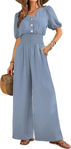Jumpsuits for Women Dressy Casual V Neck Short Sleeves Wide Leg Rompers Puff Smocked High Waist One Piece Blue XXL in Kuwait