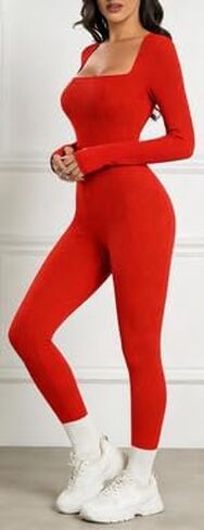 Long Sleeve Sport Jumpsuit – Women's Ribbed Yoga Bodysuit with Square Neck, Seamless in Saudi Arabia